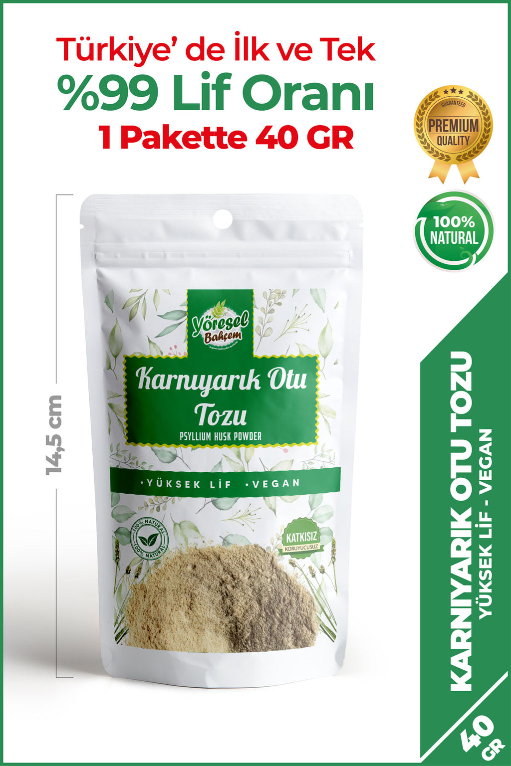 Yöresel Bahçem Karnıyarık Otu Tozu 40g – %100 Doğal Psyllium Husk | Yüksek Lifli, Diyet & Keto Uyumlu